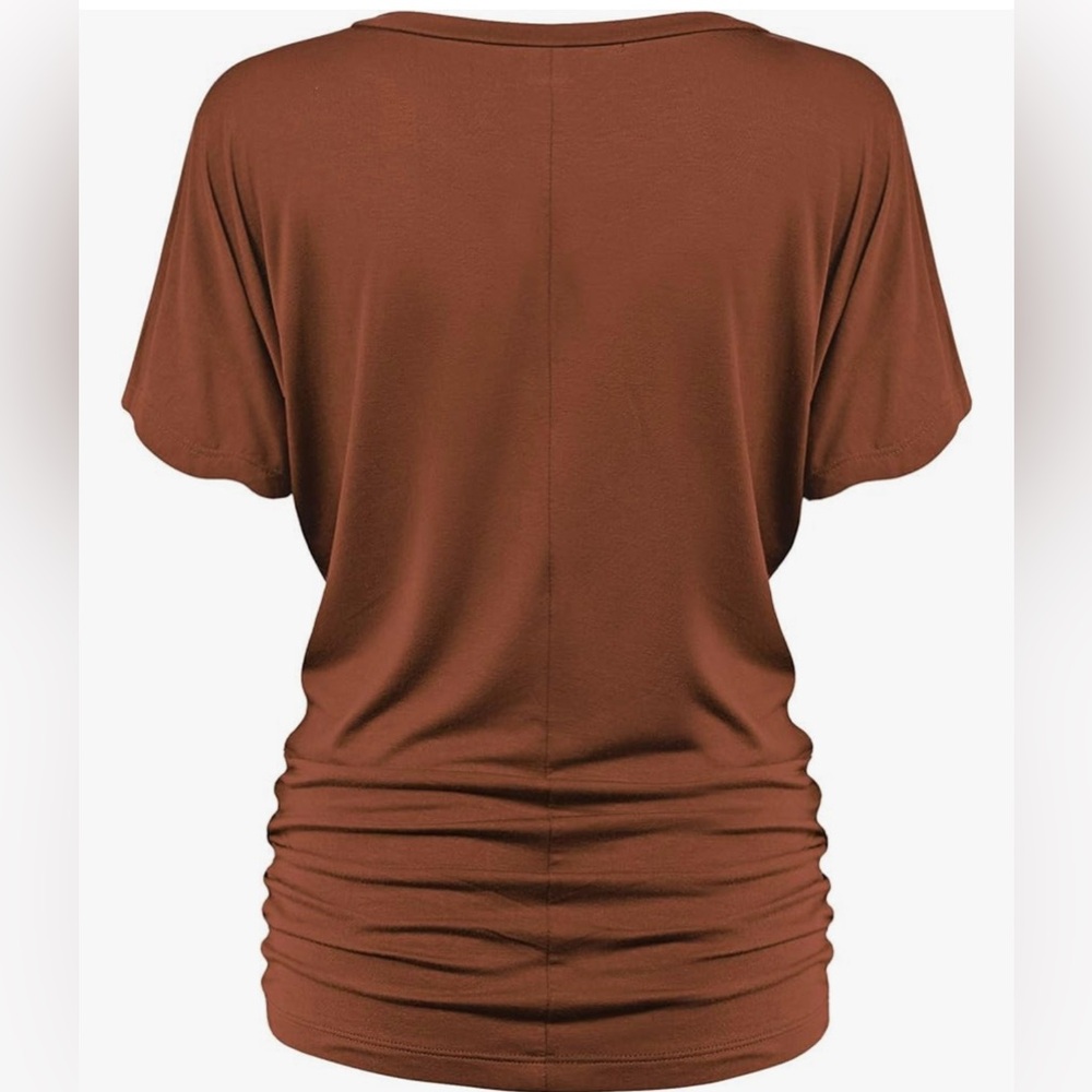 Solid Short Sleeve Boat Neck/V Neck Dolman Top T Shirt with Side Shirring - Picture 3 of 6